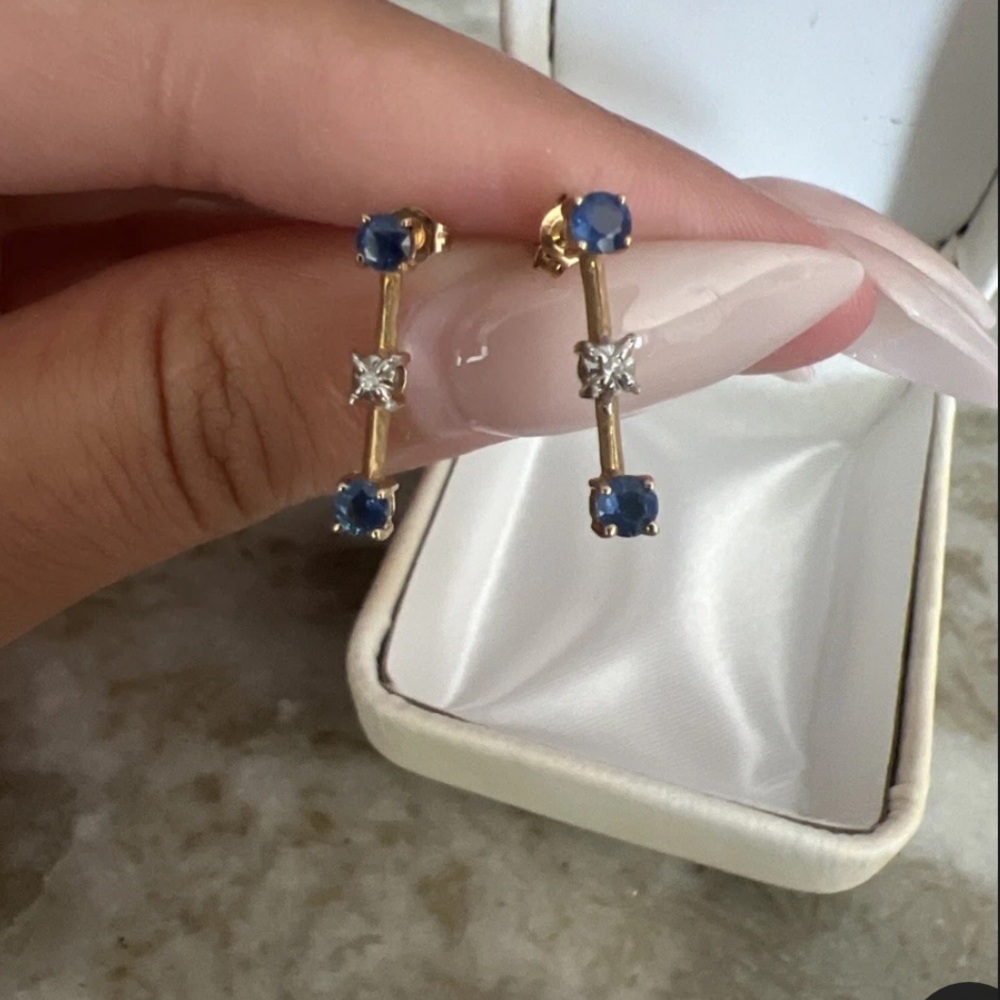 14k gold diamond and sapphire drop earrings